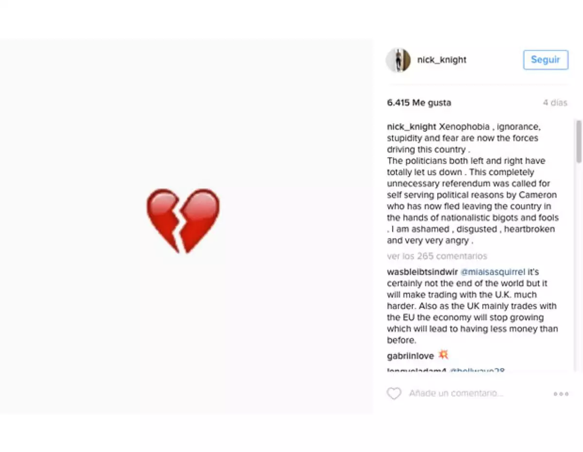 El fotógrafo Nick Night está muy molesto por el resultado a favor del Brexit. Ésta es la primera de tres publicaciones en la que comparte su descontento en Instagram.