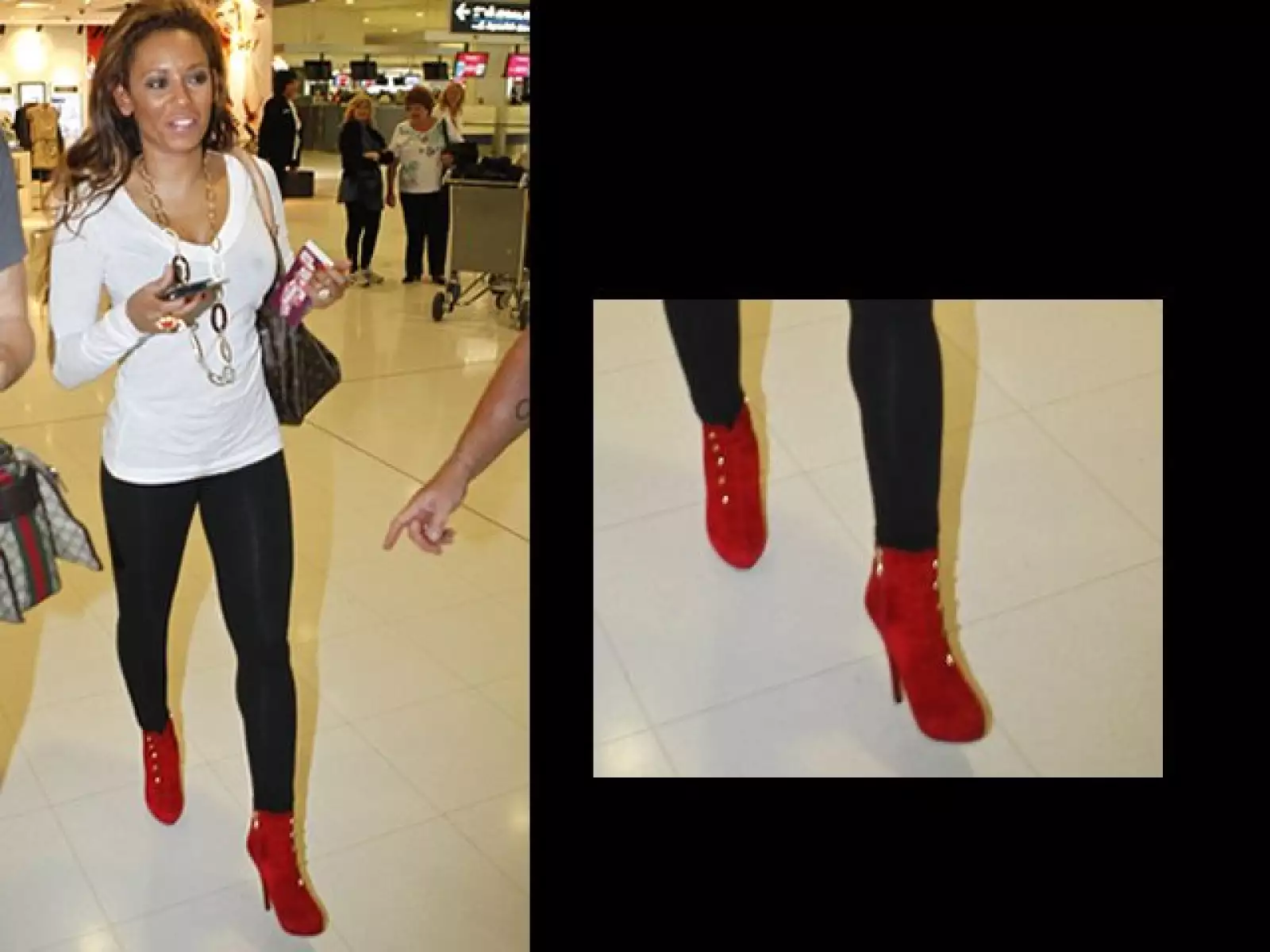 Melanie B.  lleva unas botitas súper trendy color rojo.