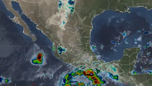 Mapa satelital de México en color gris con vivos en rojo, verde y azul que marcan en paso del huracán y otros fenómenos.jpg