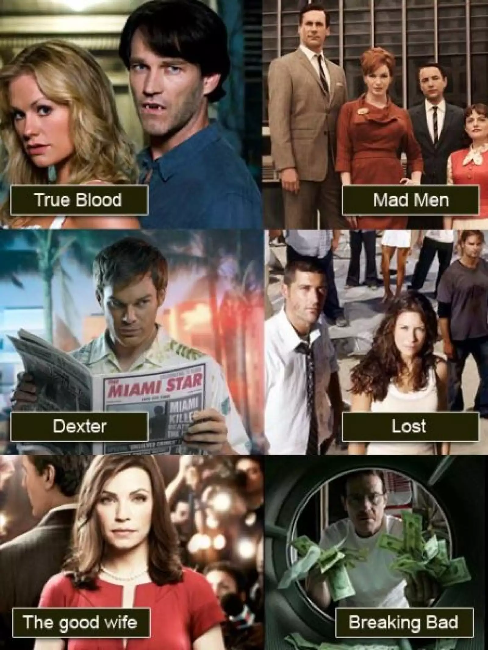 Mejor Drama: Breaking bad; Dexter; The good wife; Lost; Mad men y True blood.