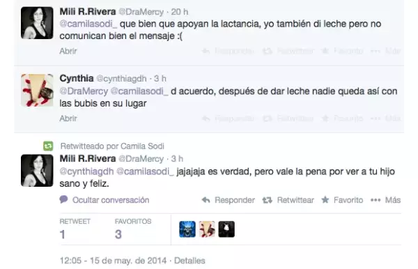 Camila replicó el mensaje de la usuaria @DraMercy que resaltaba la importancia de lactar.