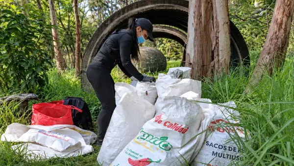 Personas separan residuos en bolsas durante una jornada de recolección de basura en el Bosque de Chapultepec, en Ciudad de México.