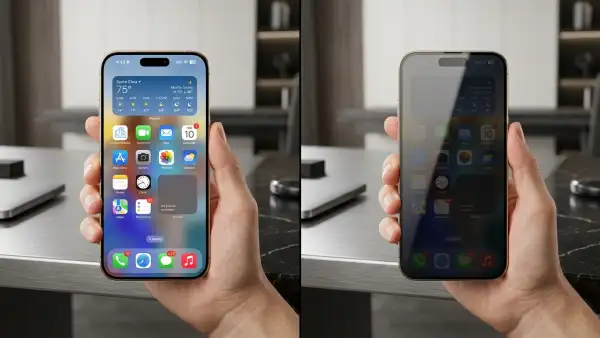 La imagen muestra un iPhone 16 Pro Max: de un lado, sin el filtro de privacidad nativo del celular y, del otro, con el filtro ya activado, sin necesidad de comprar una mica.
