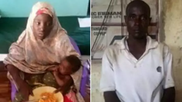Amina Ali Nkeki y su bebé, junto a un hombre al que se le señala como su esposo.