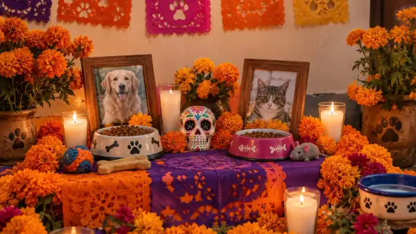 Una ofrenda de día de muertos para mascotas. en la mesa hay una foto de un perro y otra de un gato, rodeadas de cempasúchil, veladoras, papel picado y dos platos con croquetas. 