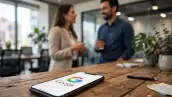 Dos personas conversando al fondo, en primer plano se observa un celular con la pantalla prendida y el logo de Google.