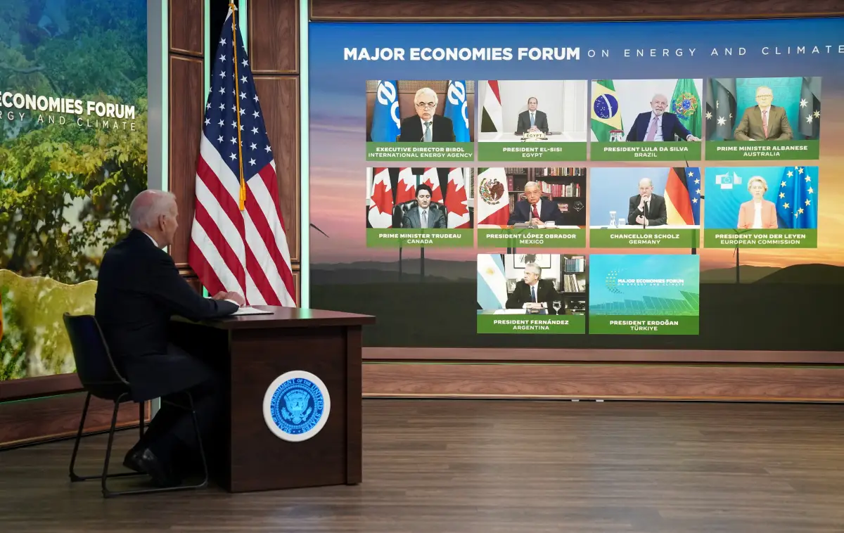 El presidente de los Estados Unidos, Joe Biden, convoca la cuarta reunión virtual a nivel de líder del Foro de Economías Principales (MEF) sobre Energía y Clima en la Casa Blanca en Washington, Estados Unidos, el 20 de abril de 2023.