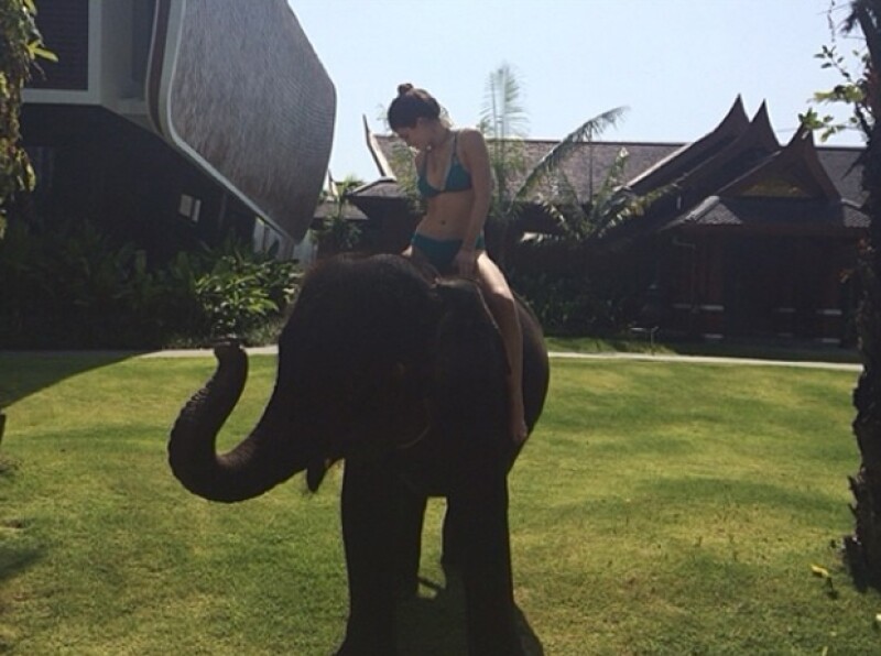 Kylie disfrutando del clima en bikini y a bordo de este tierno elefante.