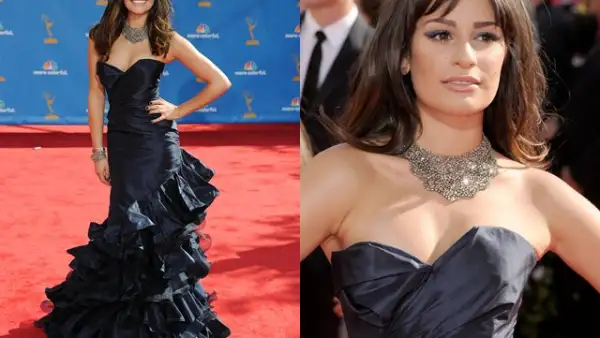 Lea Michele fue una de las mejor vestidas de la noche con un vestido de Oscar de la Renta. Las joyas de la estrella de Glee son de Lorraine Schwartz.