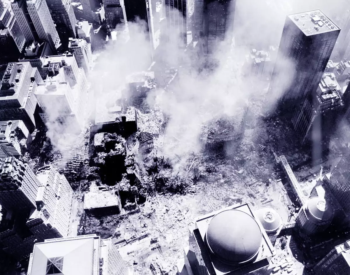 An aerial view after the 9/11 attacks on the World Trade Centre Site.