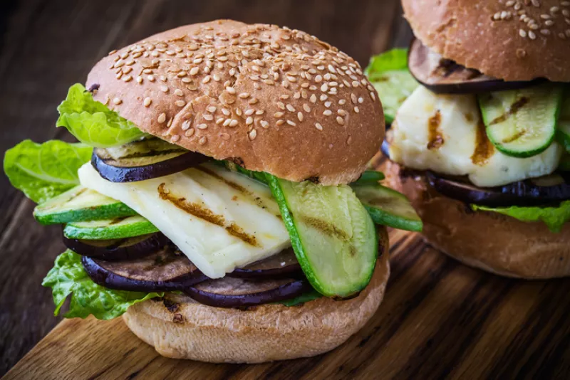 Grilled vegetable and haloumi burger with romaine lettuce
