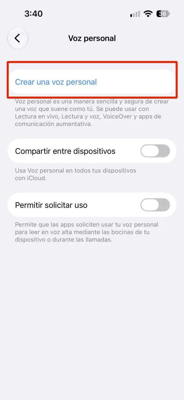 La imagen muestra el menú para crear una nueva voz personal para el iPhone.