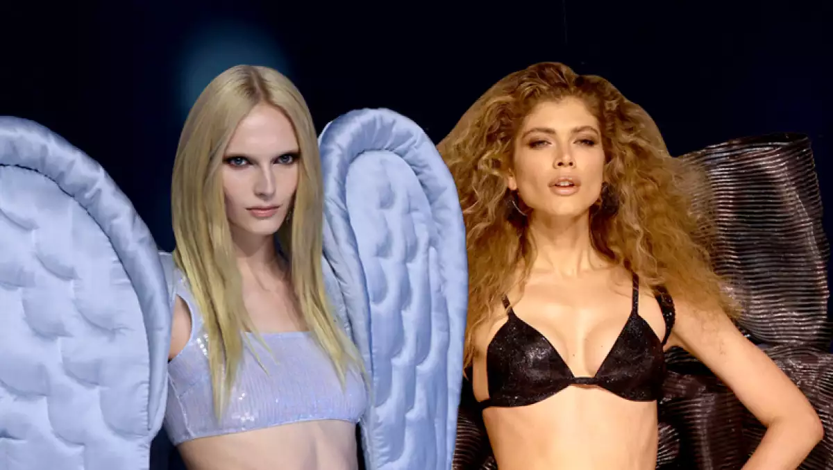 Foto collage de Alex Consani (izq) y Valentina Sampaio (der) con las alas de los ángeles de Victoria's Secret.