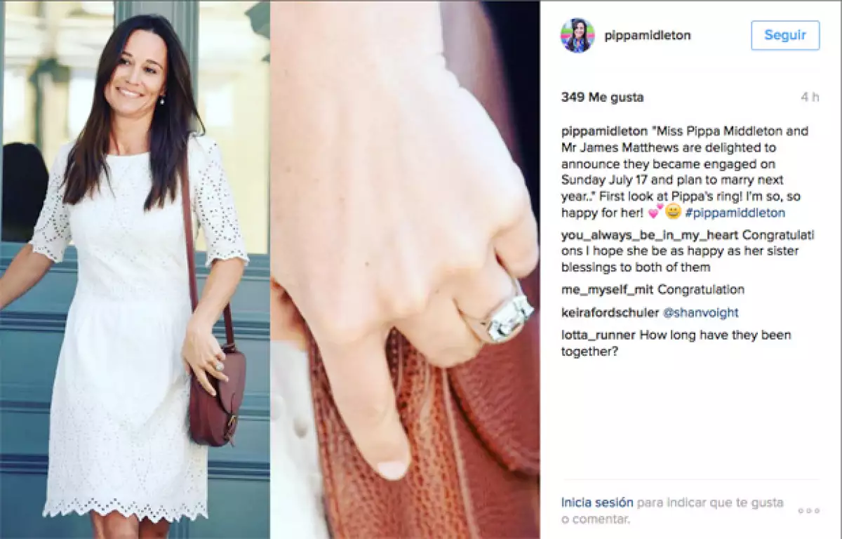 La hermana de Kate Middleton luce una joya de cuatro quilates, cuyo valor ronda los 4 millones de pesos.