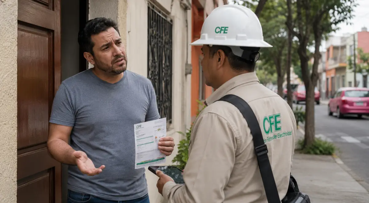 Un hombre con cara de preocupación, afuera de una casa frente a un hombre que viste uniforme color café y casco.png