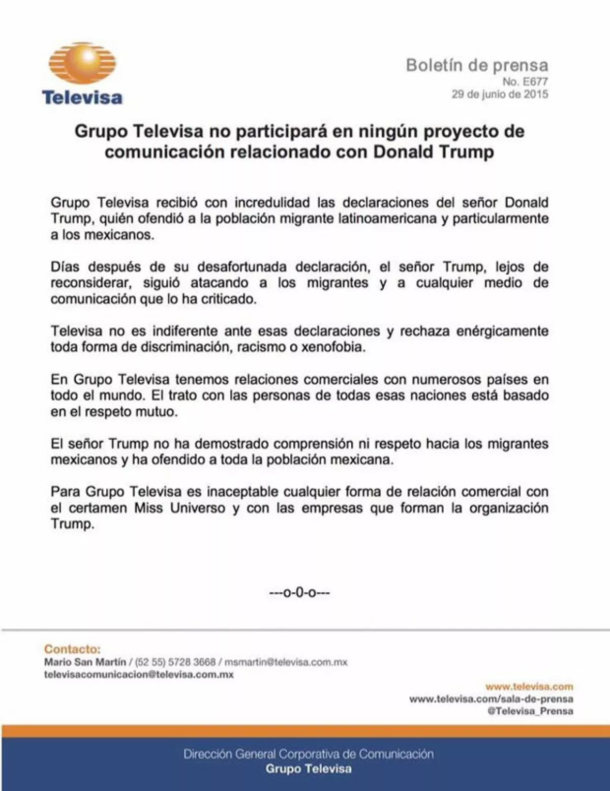 Este fue el comunicado que Televisa mandó, en el que dejan clara su postura sobre Donald Trump y sus declaraciones hacia México.