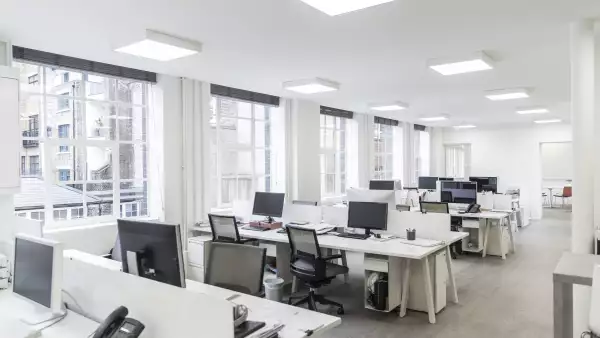 Large contemporary office environment with empty stations and electric ceiling lights
