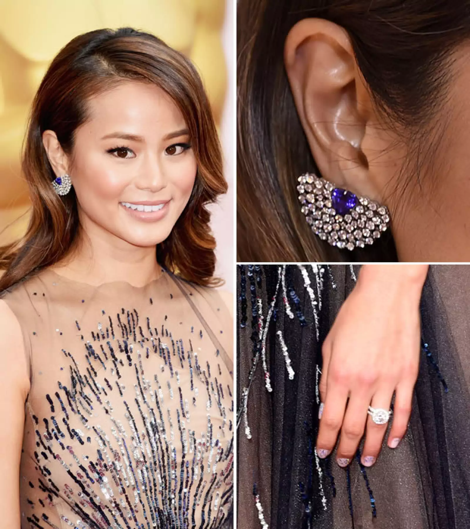Jamie Chung lució aretes de Leticia Linton con diamantes y un centro de tanzanita.