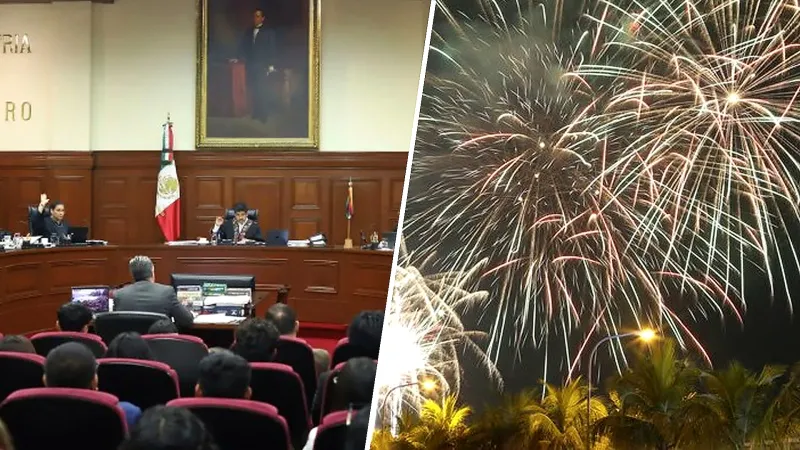 Díptico dividido por línea blanca inclinada: a la izquierda el Pleno de la SCJN en sesión, a la derecha fuegos artificiales nocturnos sobre palmeras.
