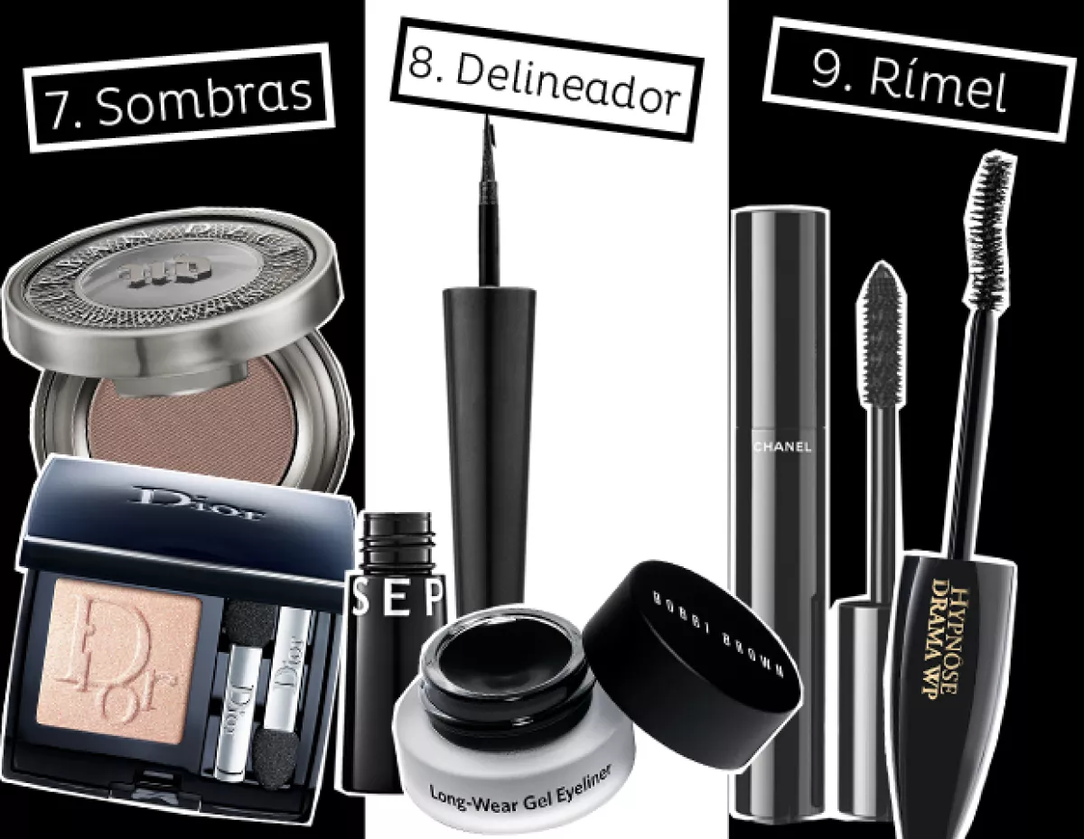 Sombras: Urban Decay, Dior. Delineador: Sephora Collection, Bobbi Brown. Rímel: Chanel, Lancôme.
