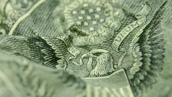 Selective focus on the eagle's face from the reverse of the US 1 dollar bill.
