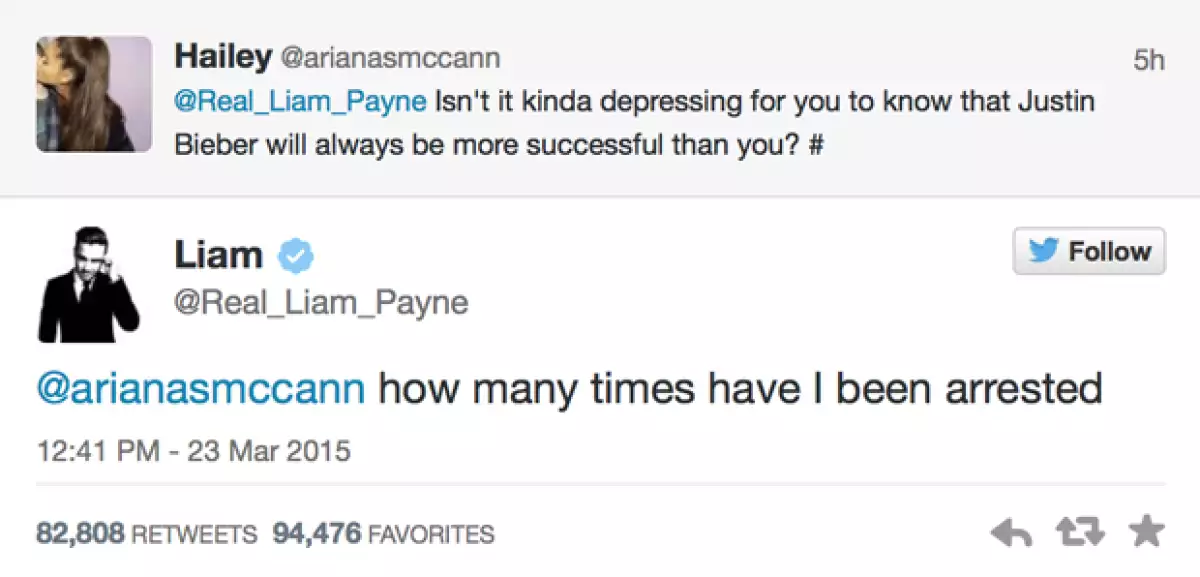 Estos fueron los directos tuits que la cuenta @arianasmccann y Liam Payne intercambiaron en redes sociales.