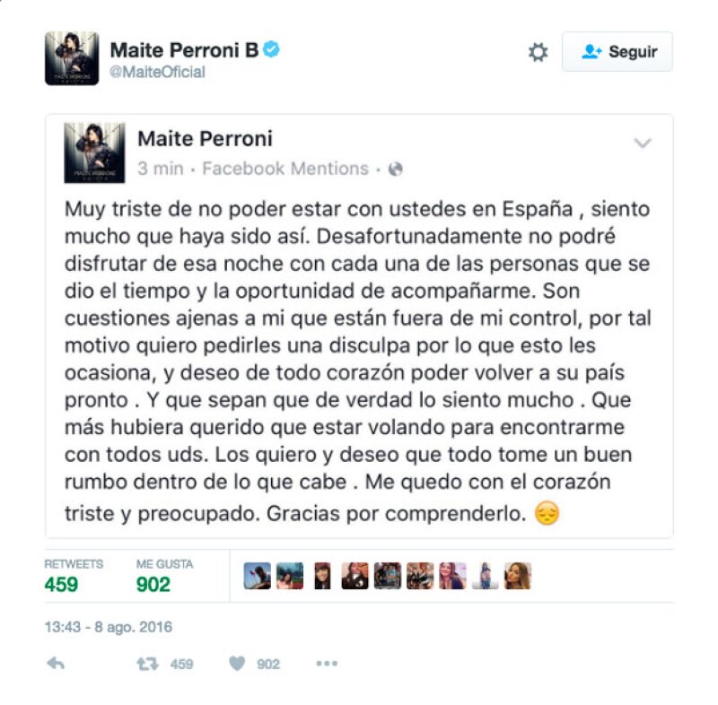 Este fue el comunicado que Maite publicó en sus redes sociales.