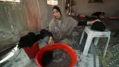 Mujer palestina, Mervat Hijazi, lava la ropa dentro de la tienda en la que se refugiaron después de ser desplazadas, en la ciudad de Gaza, el 22 de mayo de 2025.