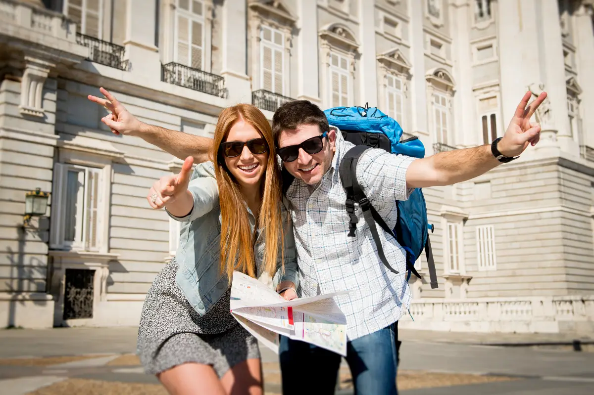 Young,Beautiful,Friends,Tourist,Couple,Visiting,Madrid,-,Spain,On