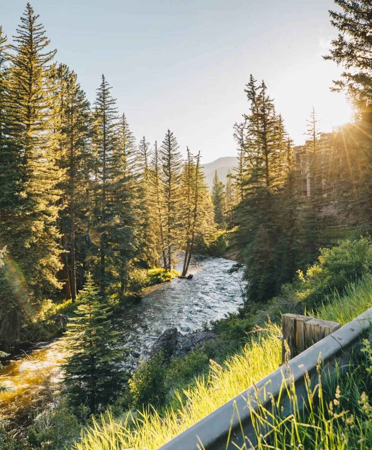Foto del río de agua limpia bordeado de árboles al atardecer en Vail, Colorado.