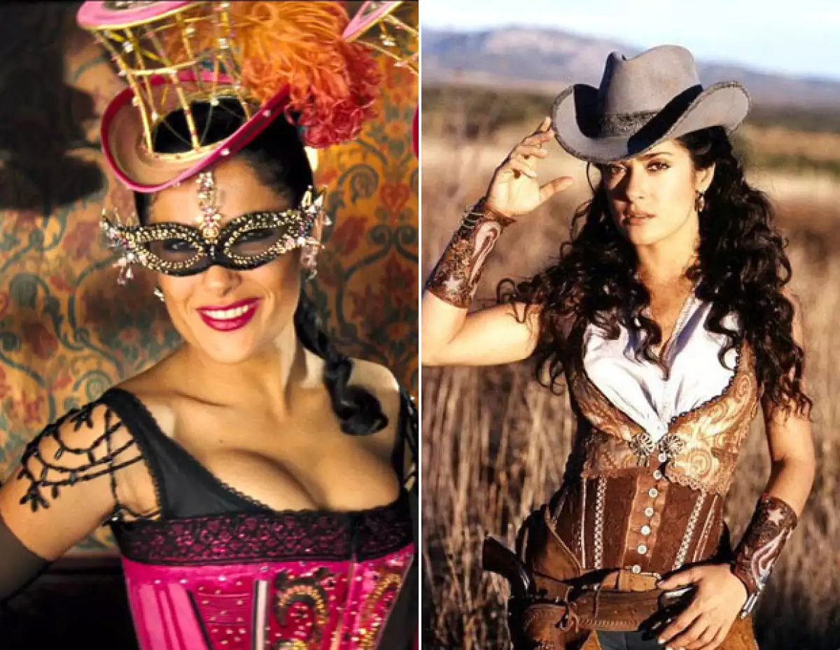 De regreso al viejo oeste, Salma muy sexy en los vestuarios para Bandidas.