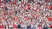 Los fanáticos de Inglaterra celebran la victoria del equipo por 2-1 en el partido de rondas de 32 de la Copa Mundial de la FIFA 2026 entre Inglaterra y Congo DR en el Estadio de Atlanta el 1 de julio de 2026 en Atlanta, Georgia.