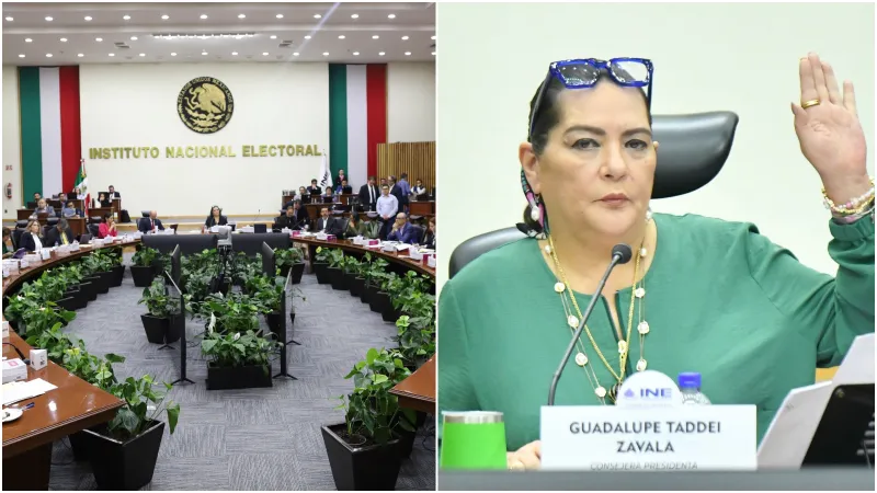 En la imagen se observa a Guadalupe Taddei, presidenta del INE, levantando su mano derecha para votar a favor.