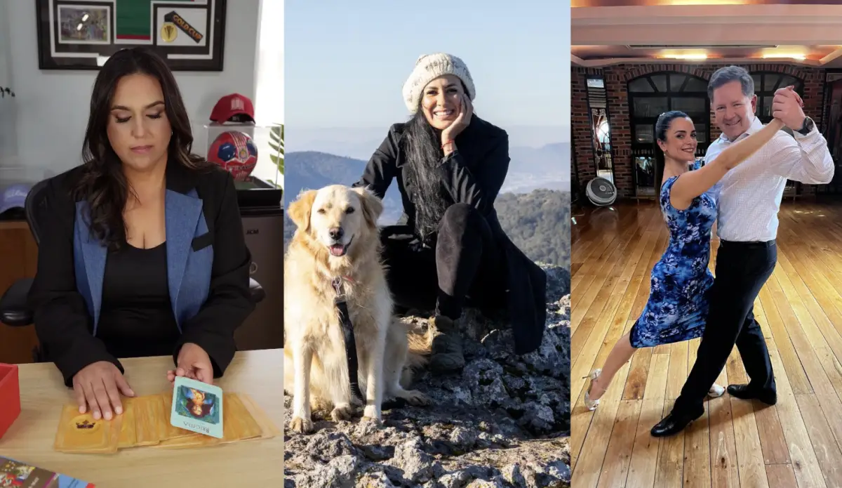 De izquierda a derecha, Fernanda Sainz con cartas de tarot, Nancy Martínez con su perrita en la montaña y Francisco Demesa bailando tango.