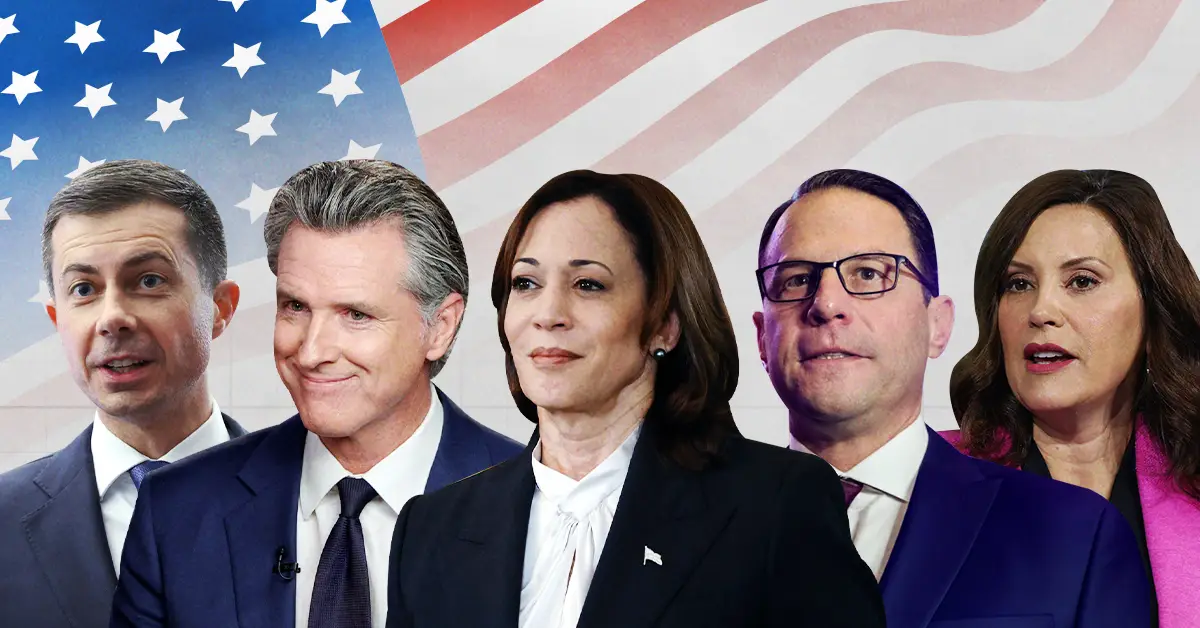Composición de fotografías con imágenes de Pete Buttiegieg, Gavin Newsom, Kamala Harris, Josh Shapiro y Gretchen Whitmer (imagen principal para el artículo '¿Quién reemplazará a Joe Biden como candidato presidencial?)