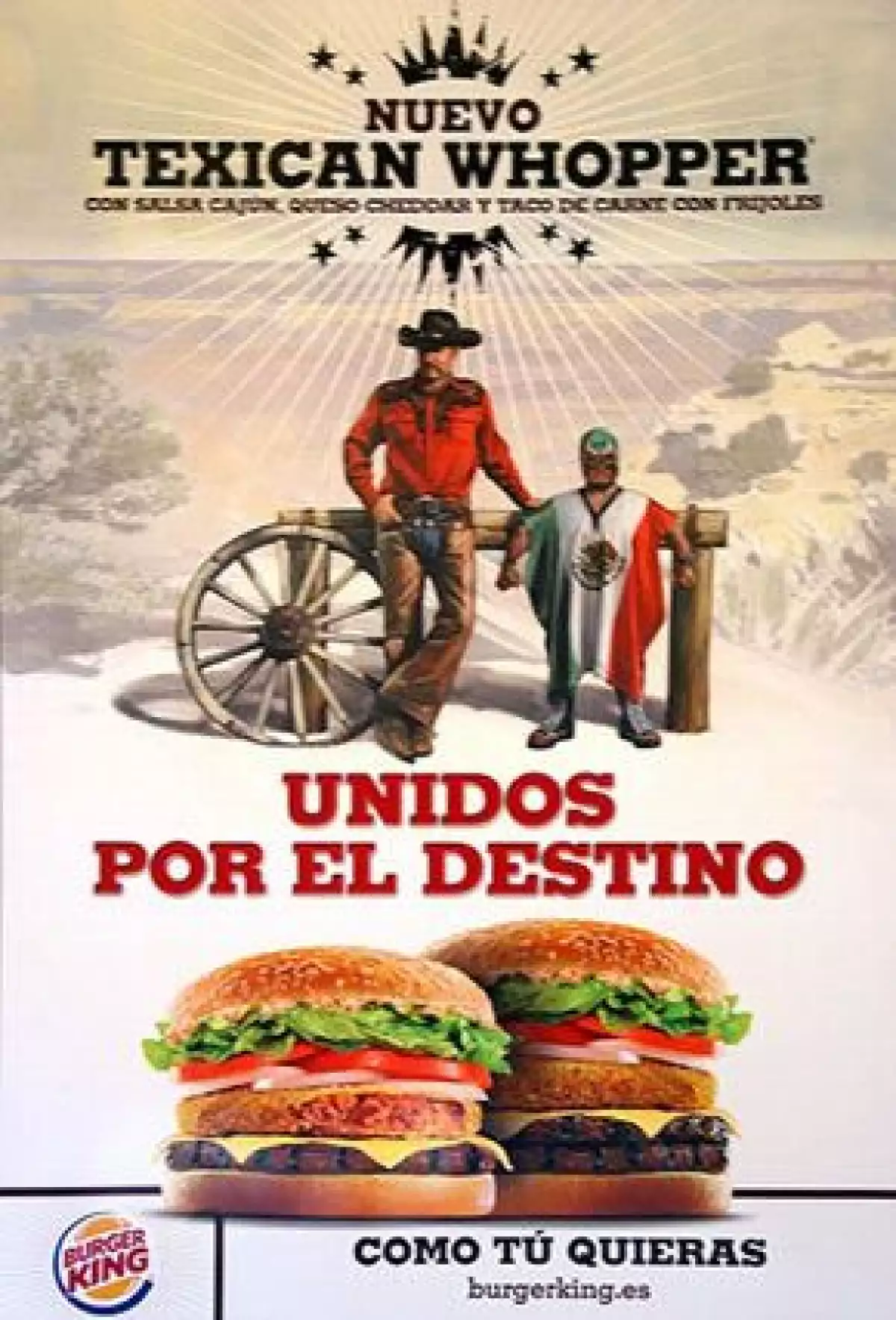 La cadena Burger King publicó un anuncio en el que utiliza la imagen de un hombre rechoncho disfrazado de luchador con una máscara, un traje y una capa con los colores de la bandera mexicana.