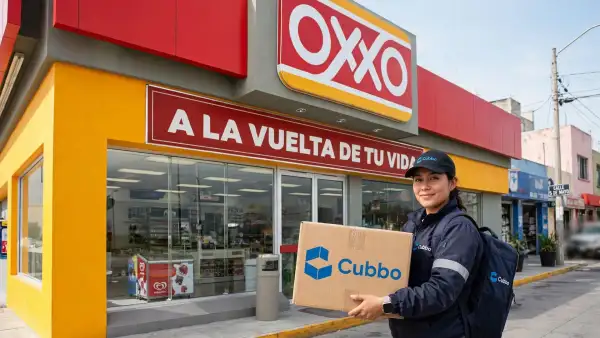 La fachada de un OXXO, una mujer fuera sostiene un paquete con el logo de Cubbo.