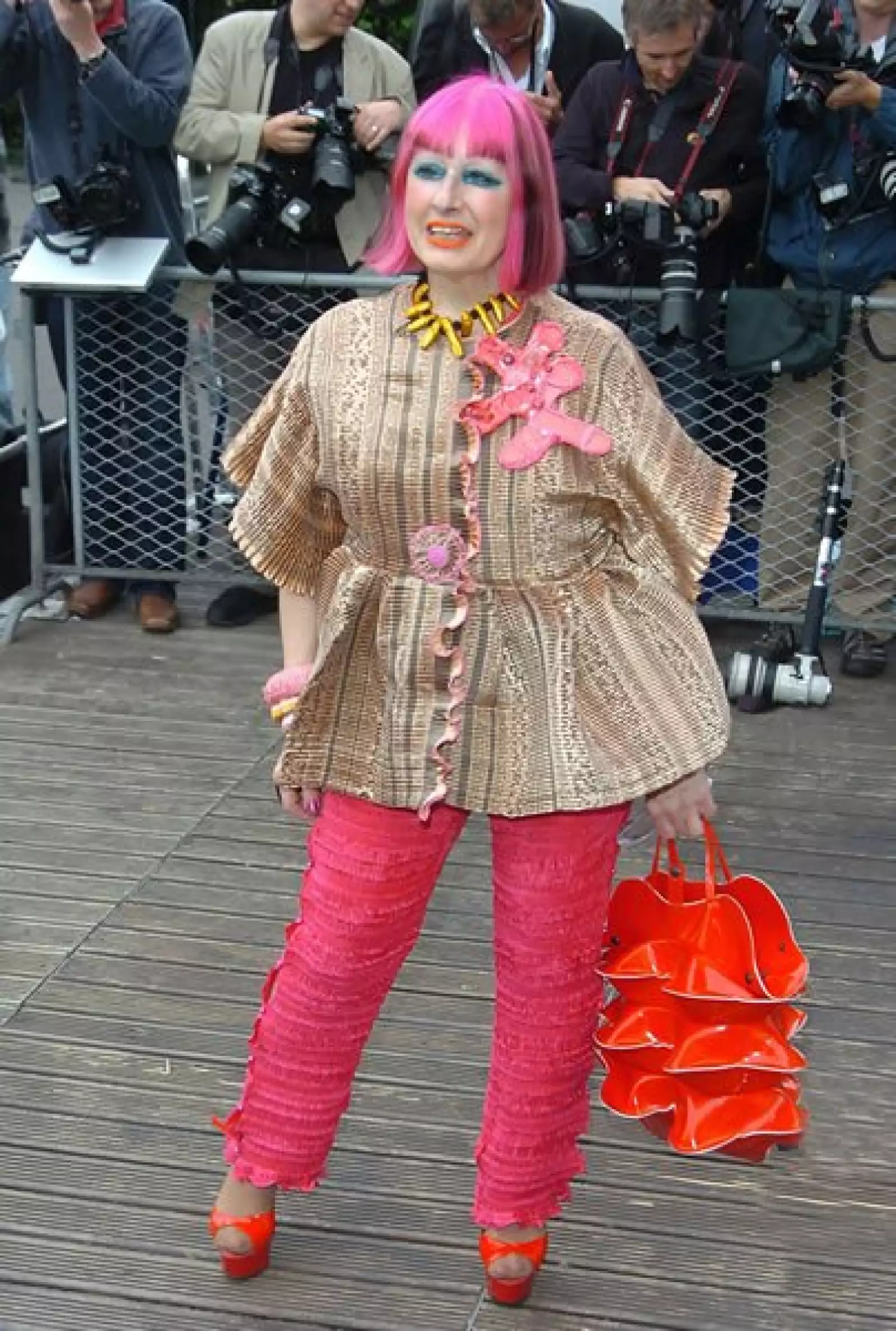 La diseñadora Zandra Rhodes siempre ha sido atrevida y le gusta traer el elo de doferentes colores empezando por el verde y hace un tiempo lleva el rosa. Con un look glamouroso y extrovertido decidió adoptar su propio estilo, libre y sin prejuicios.