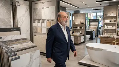 El empresario Carlos Slim caminando en showroom de lujo de losetas porcelanato, azulejos italianos y muebles de baño nivel premium.