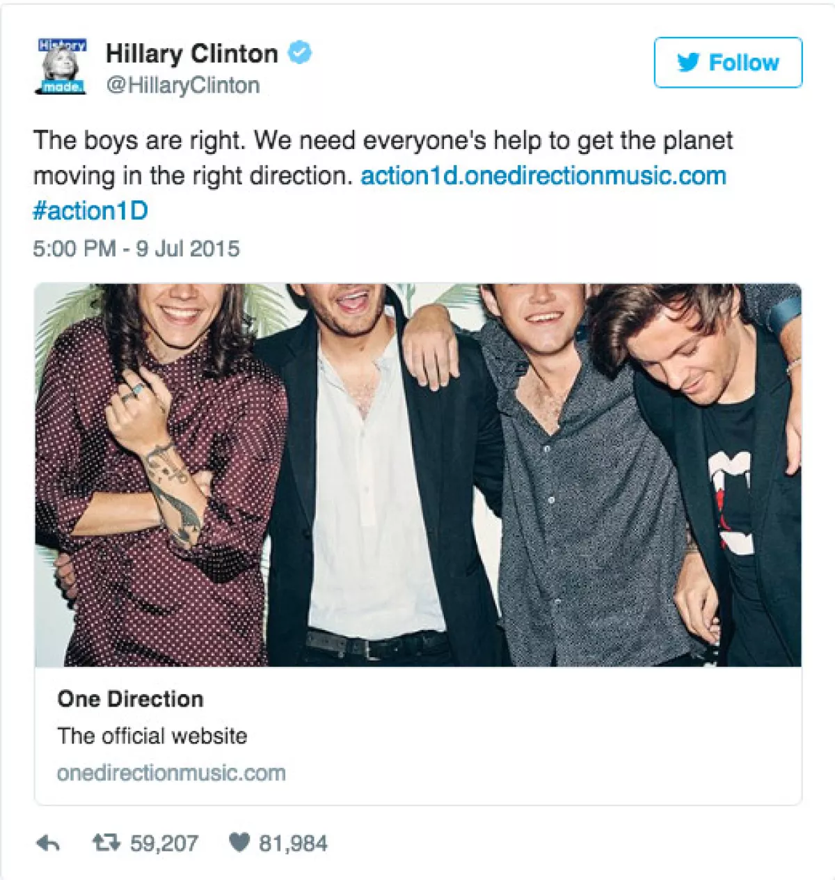 La respuesta de Hillary a Trump superó el propio récord que ella había impuesto con este tuit en apoyo a 1D.