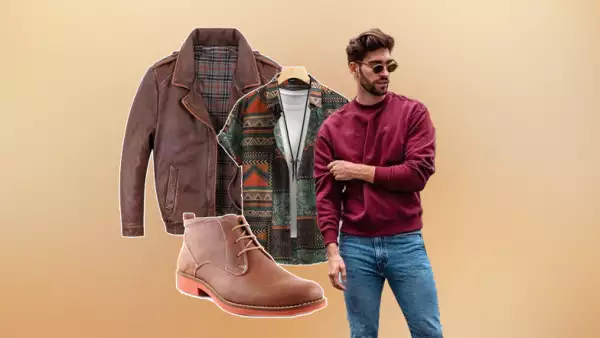 foto collage de un hombre con sudadera roja y jeans, unos botines, y chamarra de piel café.