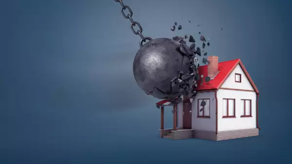 3d rendering of a giant wrecking ball breaks in small pieces when hits a small family house