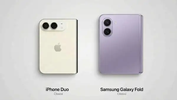 Del lado izquierdo aparece el nuevo iPhone Duo, que es el primer teléfono plegable de Apple, es de color blanco y tiene una apariencia más cuadrada; del lado izquierdo, un Samsung Galaxy Z Fold. 