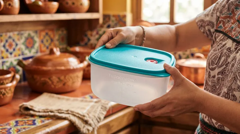 Una mujer sostiene un recipiente de Tupperware. 