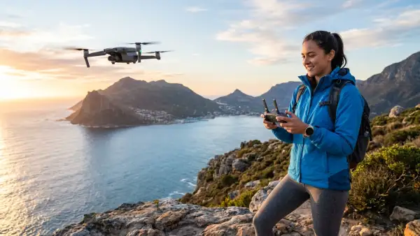 Mujer vuela un dron cerca del mar, entre las montañas, para obtener un clip de video para redes sociales.