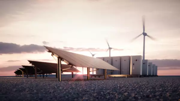 Dawn of new renewable energy technologies. Modern, aesthetic and efficient dark solar panel panels, a modular battery energy storage system and a wind turbine system in warm light. 3D rendering.