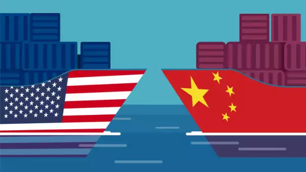 China and United States trade war concept. Vector of two cargo ships.