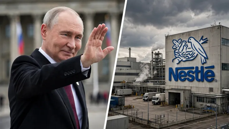 Vladimir Putin vs fábrica de Nestlé, divididos por línea blanca diagonal.