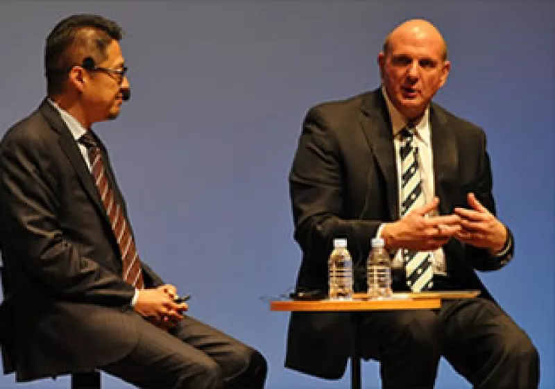 Steve Ballmer (der) fue el primer ejecutivo de Microsoft en referirse al producto como ‘Windows 8’. (Foto: Cortesía CNNMoney.com)