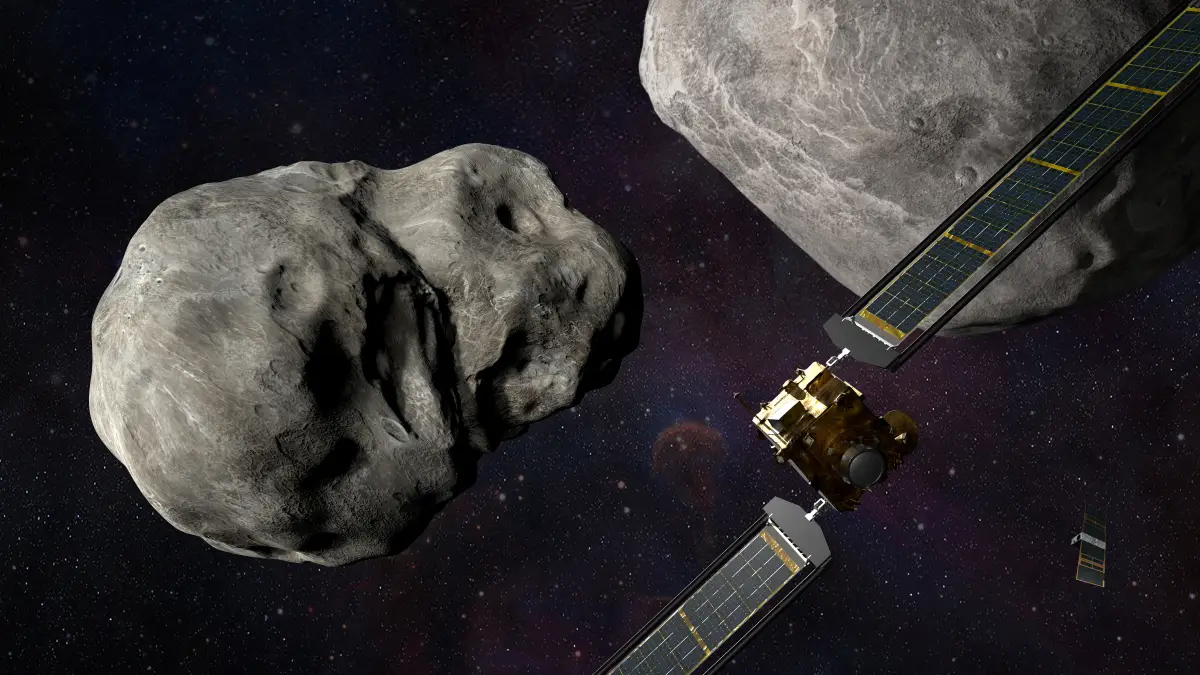 Una ilustración de la nave espacial DART de la NASA y el LICIACube de la Agencia Espacial Italiana (ASI) antes del impacto en el sistema binario Didymos. NASA/Johns Hopkins APL/Steve Gribben/Folleto vía REUTERS